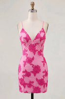 Load image into Gallery viewer, Tight Floral Short Fuchsia Spaghetti Straps Prom Dress