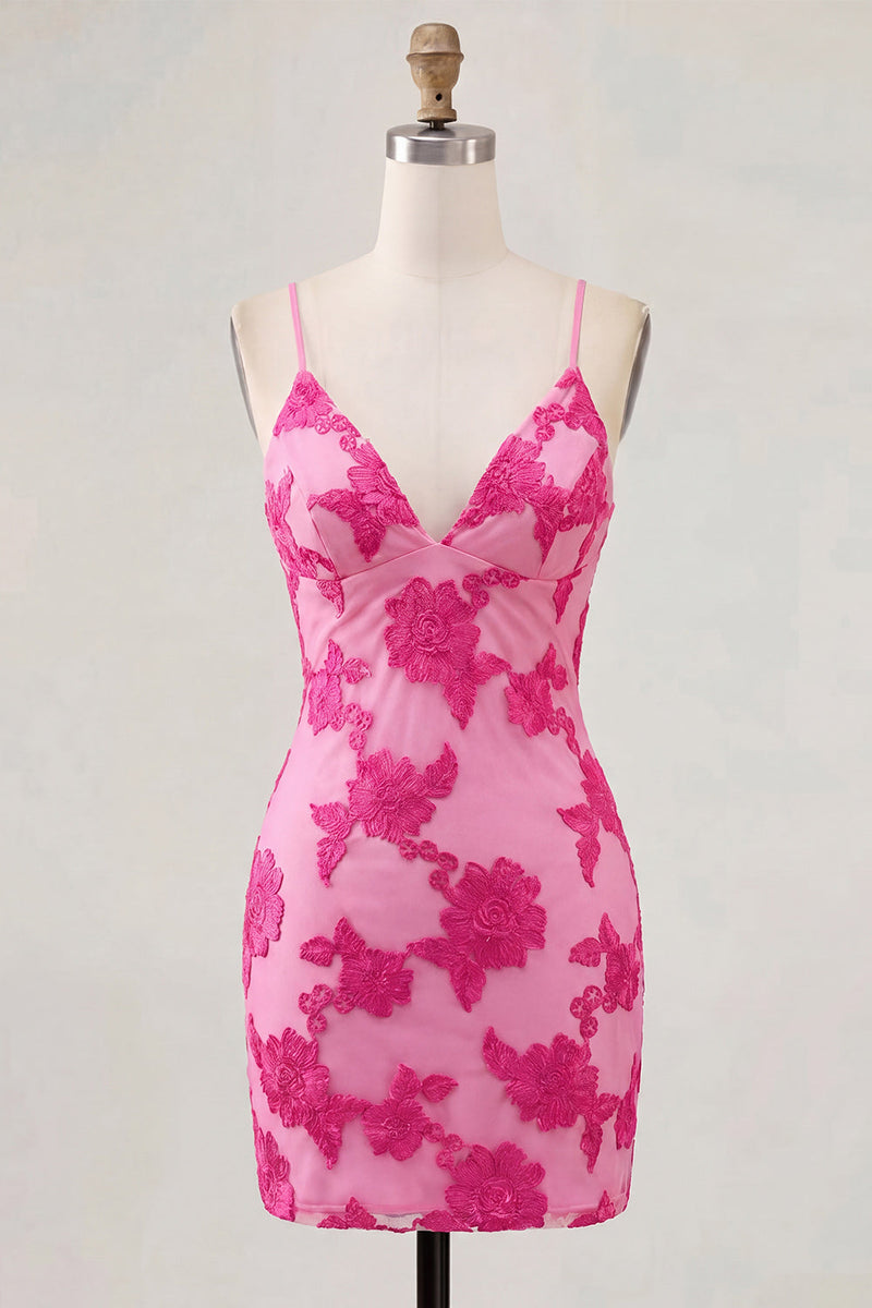 Load image into Gallery viewer, Tight Floral Short Fuchsia Spaghetti Straps Prom Dress