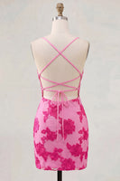 Load image into Gallery viewer, Tight Floral Short Fuchsia Spaghetti Straps Prom Dress