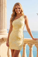Load image into Gallery viewer, Butter Yellow One Shoulder Tight Floral Short Prom Dress