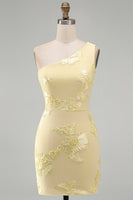 Load image into Gallery viewer, Butter Yellow One Shoulder Tight Floral Short Prom Dress
