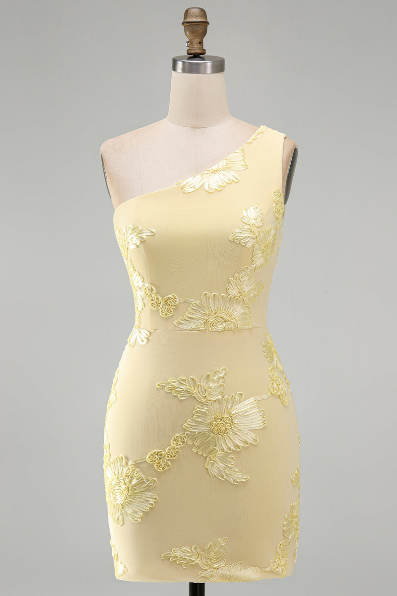 Load image into Gallery viewer, Butter Yellow One Shoulder Tight Floral Short Prom Dress