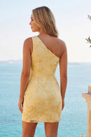 Load image into Gallery viewer, Butter Yellow One Shoulder Tight Floral Short Prom Dress
