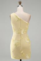 Load image into Gallery viewer, Butter Yellow One Shoulder Tight Floral Short Prom Dress