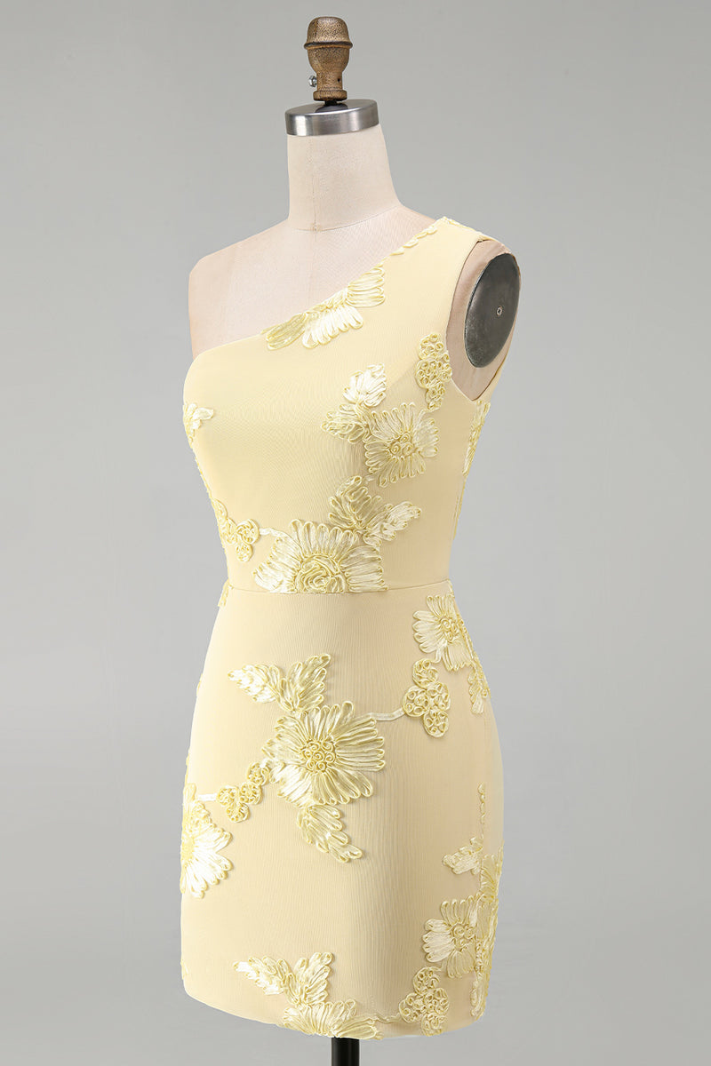 Load image into Gallery viewer, Butter Yellow One Shoulder Tight Floral Short Prom Dress