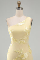 Load image into Gallery viewer, Butter Yellow One Shoulder Tight Floral Short Prom Dress