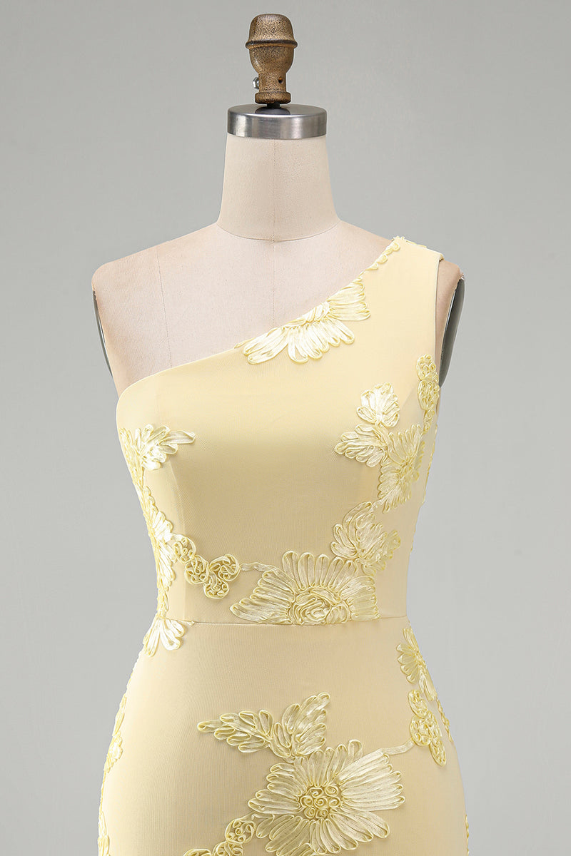 Load image into Gallery viewer, Butter Yellow One Shoulder Tight Floral Short Prom Dress