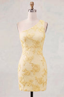 Load image into Gallery viewer, Butter Yellow One Shoulder Tight Floral Short Prom Dress