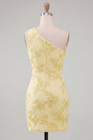 Load image into Gallery viewer, Butter Yellow One Shoulder Tight Floral Short Prom Dress
