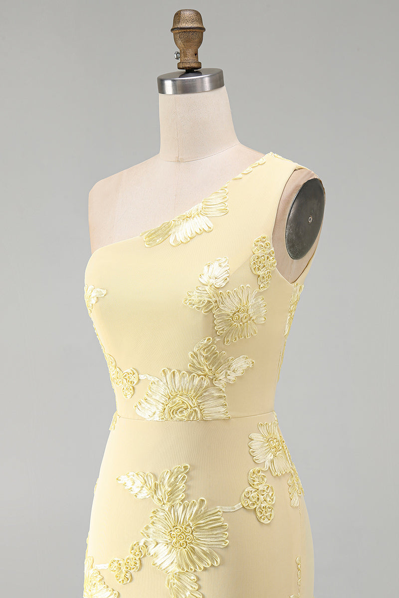 Load image into Gallery viewer, Butter Yellow One Shoulder Tight Floral Short Prom Dress