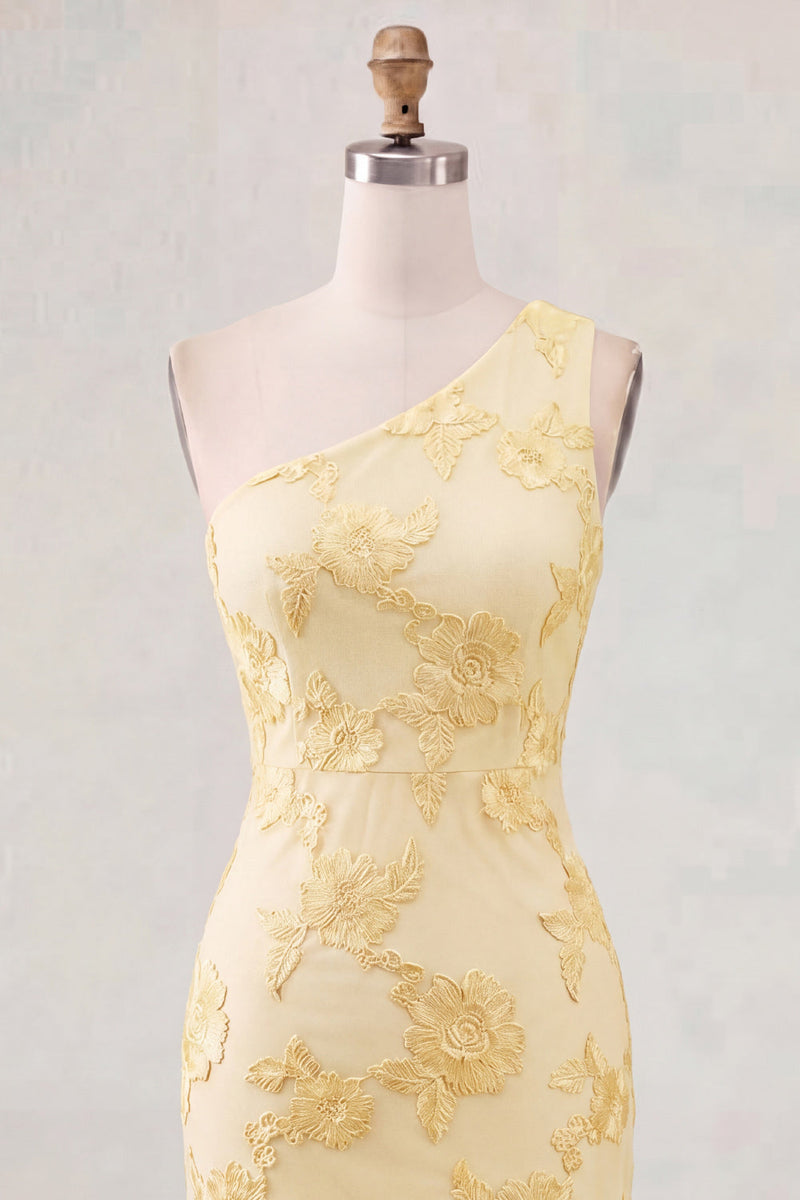 Load image into Gallery viewer, Butter Yellow One Shoulder Tight Floral Short Prom Dress