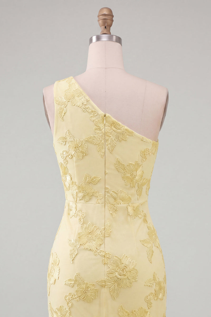 Load image into Gallery viewer, Butter Yellow One Shoulder Tight Floral Short Prom Dress