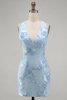 Load image into Gallery viewer, Light Blue Halter Floral Tight Backless Short Prom Dress
