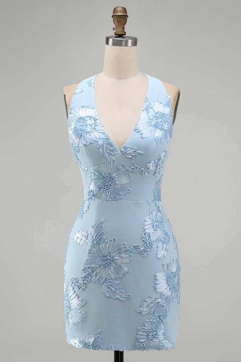 Load image into Gallery viewer, Light Blue Halter Floral Tight Backless Short Prom Dress