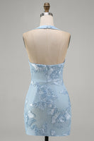 Load image into Gallery viewer, Light Blue Halter Floral Tight Backless Short Prom Dress