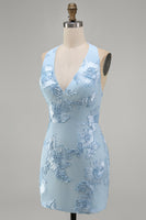 Load image into Gallery viewer, Light Blue Halter Floral Tight Backless Short Prom Dress