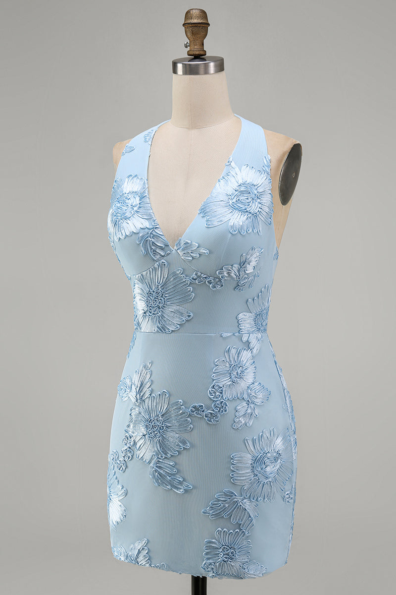 Load image into Gallery viewer, Light Blue Halter Floral Tight Backless Short Prom Dress