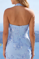 Load image into Gallery viewer, Light Blue Halter Floral Tight Backless Short Prom Dress