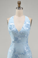 Load image into Gallery viewer, Light Blue Halter Floral Tight Backless Short Prom Dress