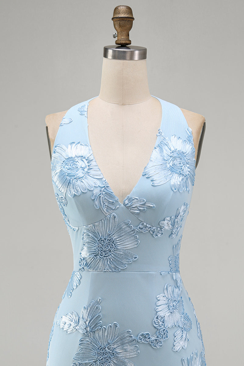 Load image into Gallery viewer, Light Blue Halter Floral Tight Backless Short Prom Dress