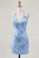 Load image into Gallery viewer, Light Blue Halter Floral Tight Backless Short Prom Dress