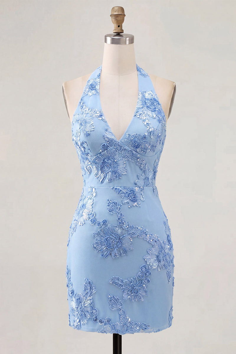 Load image into Gallery viewer, Light Blue Halter Floral Tight Backless Short Prom Dress