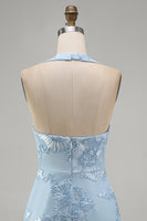 Load image into Gallery viewer, Light Blue Halter Floral Tight Backless Short Prom Dress