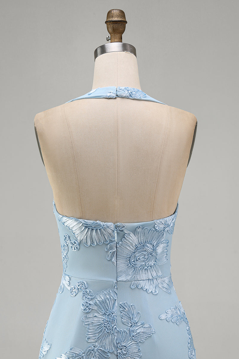 Load image into Gallery viewer, Light Blue Halter Floral Tight Backless Short Prom Dress