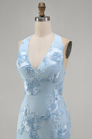Load image into Gallery viewer, Light Blue Halter Floral Tight Backless Short Prom Dress