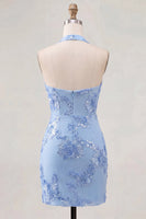 Load image into Gallery viewer, Light Blue Halter Floral Tight Backless Short Prom Dress