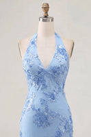 Load image into Gallery viewer, Light Blue Halter Floral Tight Backless Short Prom Dress