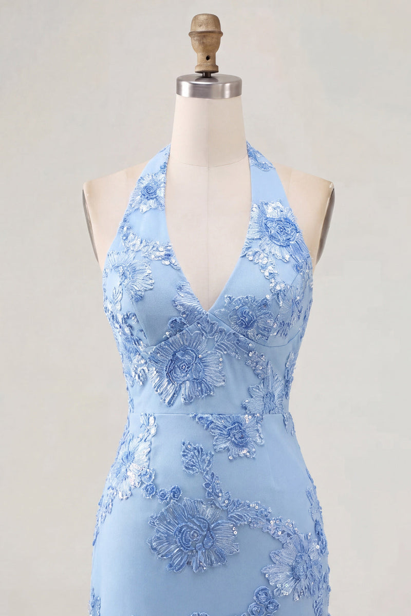 Load image into Gallery viewer, Light Blue Halter Floral Tight Backless Short Prom Dress