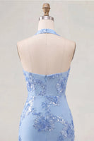Load image into Gallery viewer, Light Blue Halter Floral Tight Backless Short Prom Dress