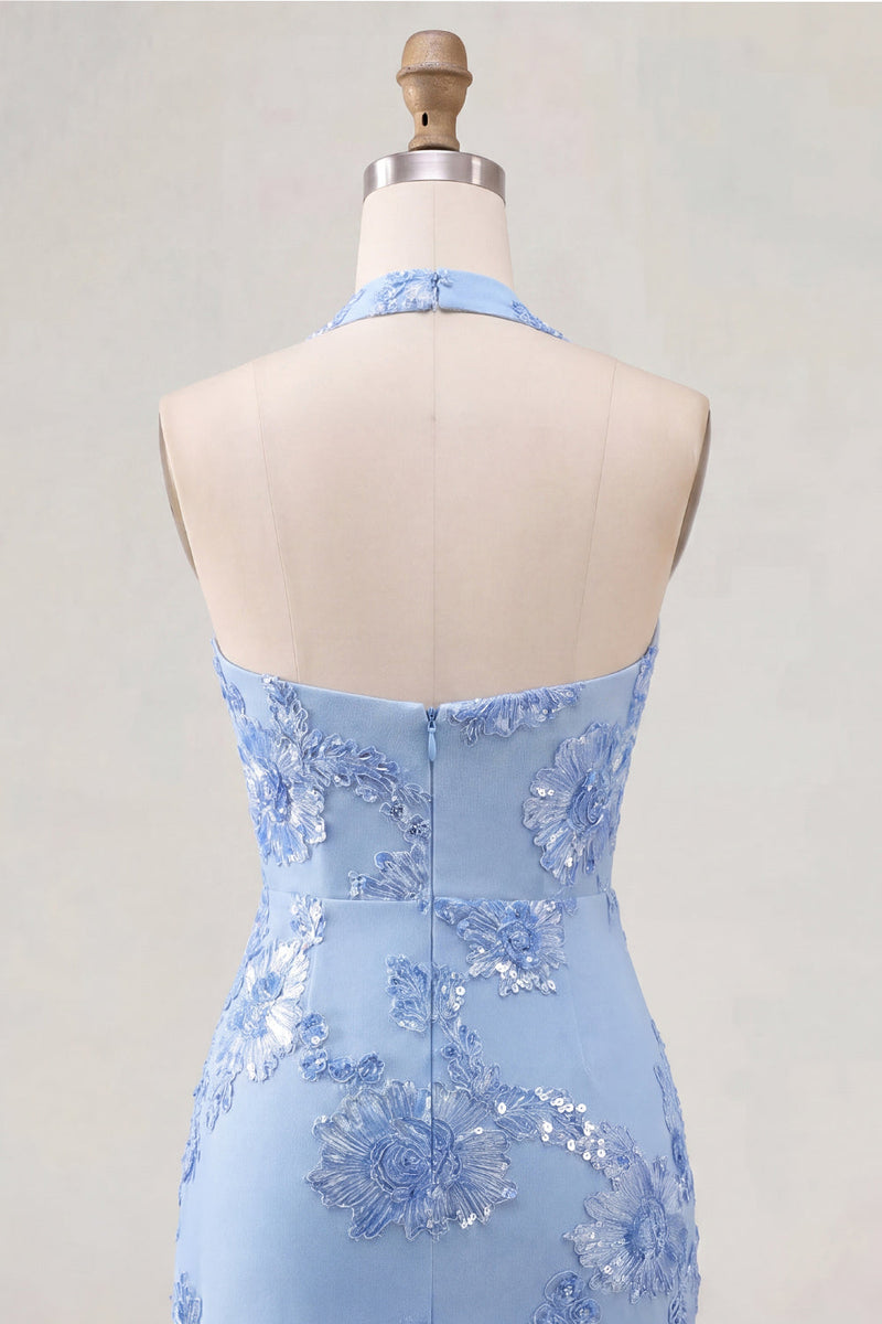 Load image into Gallery viewer, Light Blue Halter Floral Tight Backless Short Prom Dress