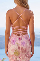 Load image into Gallery viewer, Spaghetti Straps Sequin Sparkly Floral Tight Short Pink Prom Dress