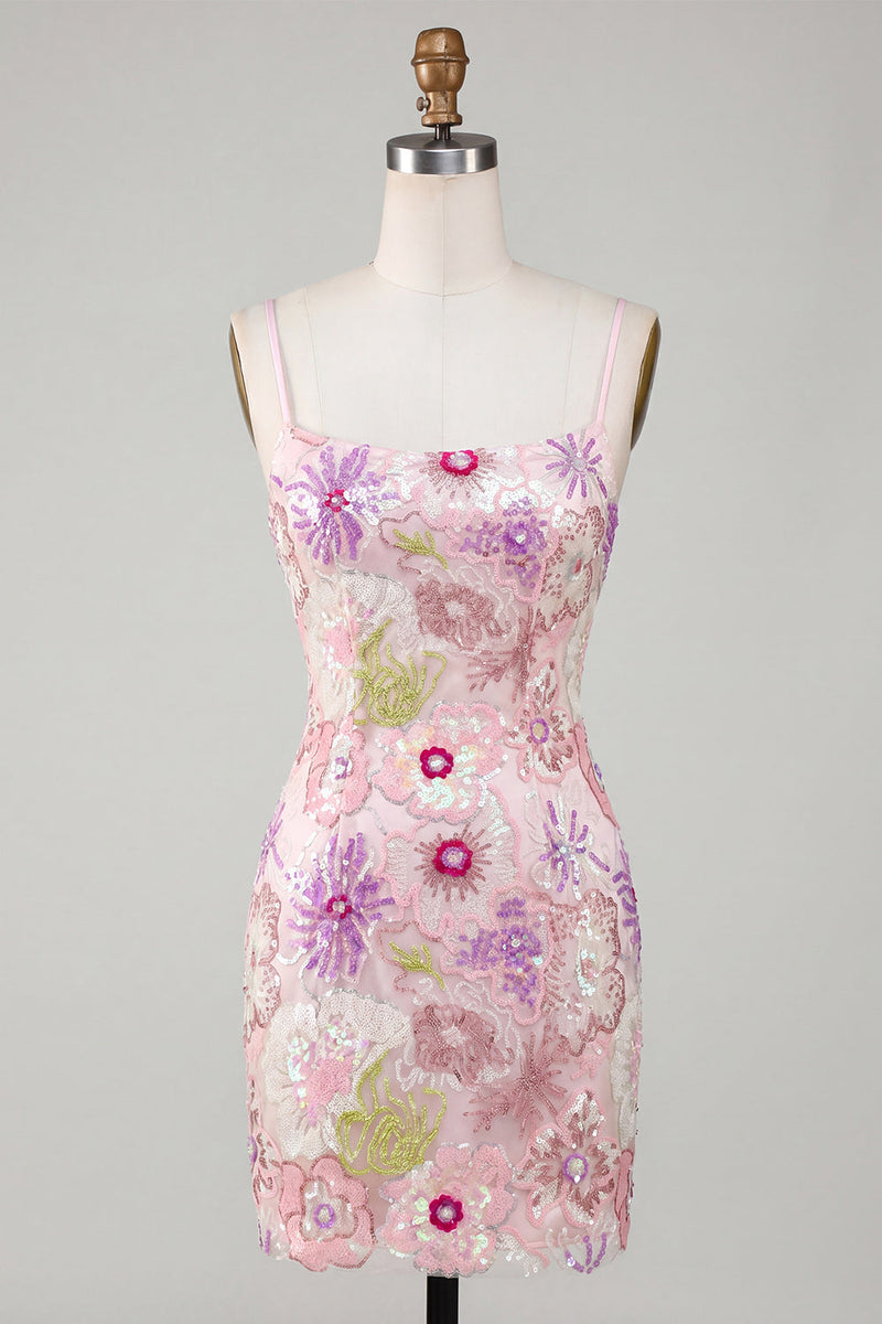 Load image into Gallery viewer, Spaghetti Straps Sequin Sparkly Floral Tight Short Pink Prom Dress
