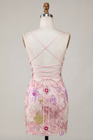Load image into Gallery viewer, Spaghetti Straps Sequin Sparkly Floral Tight Short Pink Prom Dress