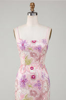 Load image into Gallery viewer, Spaghetti Straps Sequin Sparkly Floral Tight Short Pink Prom Dress