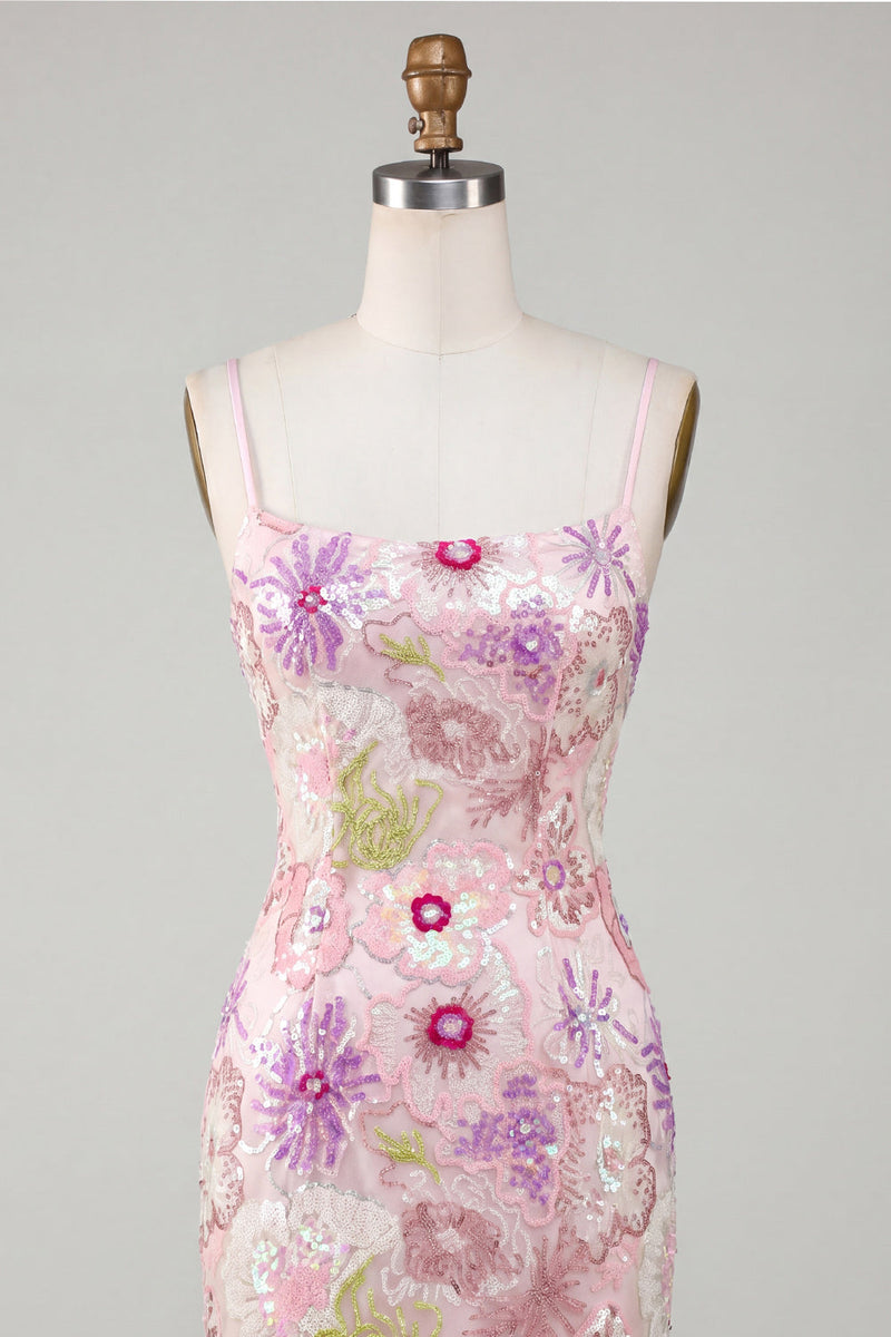 Load image into Gallery viewer, Spaghetti Straps Sequin Sparkly Floral Tight Short Pink Prom Dress