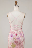 Load image into Gallery viewer, Spaghetti Straps Sequin Sparkly Floral Tight Short Pink Prom Dress