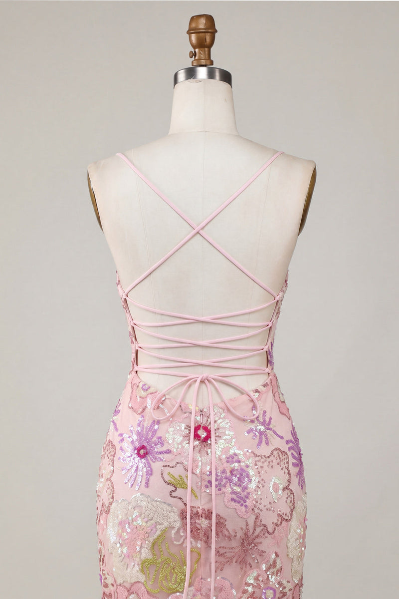 Load image into Gallery viewer, Spaghetti Straps Sequin Sparkly Floral Tight Short Pink Prom Dress