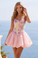 Load image into Gallery viewer, Sparkly Pink A Line Strapless Short Floral Beaded Prom Dress