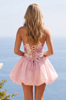 Load image into Gallery viewer, Sparkly Pink A Line Strapless Short Floral Beaded Prom Dress