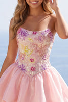 Load image into Gallery viewer, Sparkly Pink A Line Strapless Short Floral Beaded Prom Dress