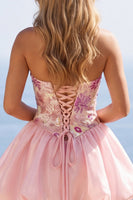 Load image into Gallery viewer, Sparkly Pink A Line Strapless Short Floral Beaded Prom Dress