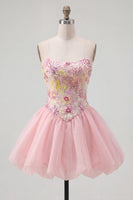 Load image into Gallery viewer, Sparkly Pink A Line Strapless Short Floral Beaded Prom Dress