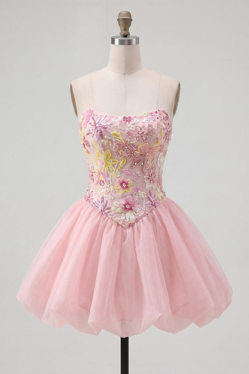 Load image into Gallery viewer, Sparkly Pink A Line Strapless Short Floral Beaded Prom Dress