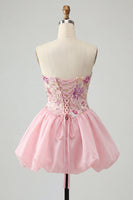 Load image into Gallery viewer, Sparkly Pink A Line Strapless Short Floral Beaded Prom Dress