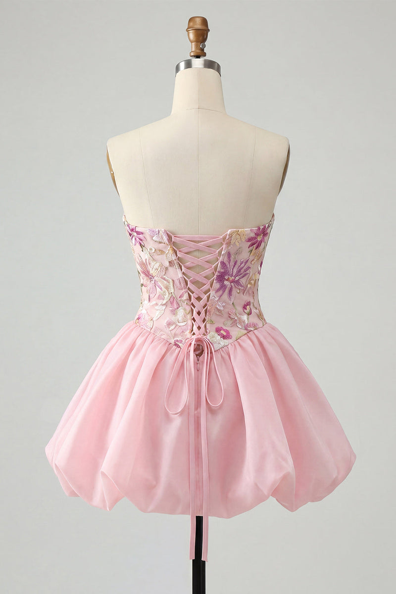 Load image into Gallery viewer, Sparkly Pink A Line Strapless Short Floral Beaded Prom Dress