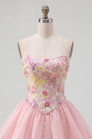Load image into Gallery viewer, Sparkly Pink A Line Strapless Short Floral Beaded Prom Dress